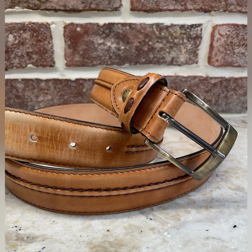 Calzoleria Toscana Stitched Leather Dress Belt. Caramel Tan Color Made in Italy